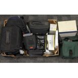 Three boxes of assorted mainly video camera equipment and other electronics including a cassette