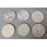 Six British crown coins including 1890, 1893, 1932, 1935, 1936, and 1951