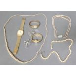 Assorted costume jewellery comprising simulated pearls, a gold plated Astin bangle watch, two