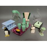 Art Deco bakelite and plastic items including trinket boxes, kitchenalia, jug, vase, tray and