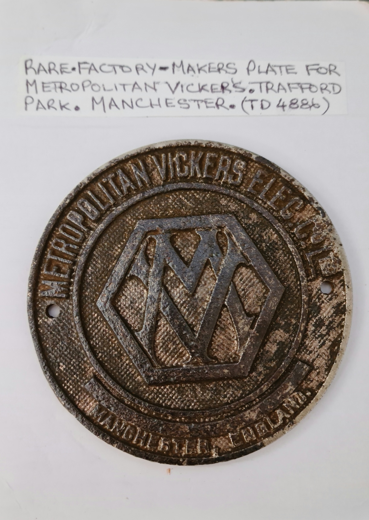 A Factory makers plate for Metropolitan Vickers, Trafford Park Manchester (TD 4886)