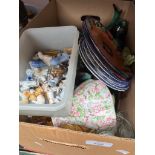 A box of ceramics and glass to include ornaments, blue and white, Sylvac, Blue Mountain ceramics,