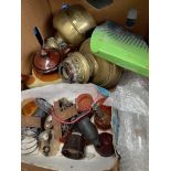 A box containing 2 brass oil lamps and some morris minor lights etc.