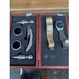 A Seiko quartz wristwatch, a gold plated Waltham wristwatch and a bottle opener set.
