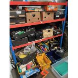 2 shelves and floor area consisting appx 15 boxes, 2 toolboxes, of garage ware and tools including