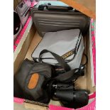 A box of cameras and binoculars to include a Sony video camera recorder in case, a Pentax camera,