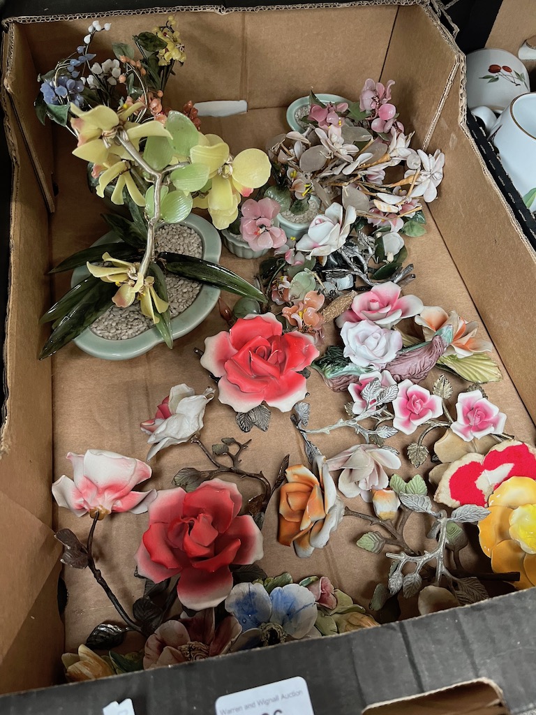 Ceramic roses including Capodimonte and other decorative floral items