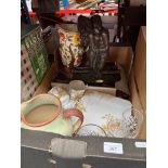 A box of assorted items including a bronze effect figure signed 'Rosa', a Sutherland part tea set,