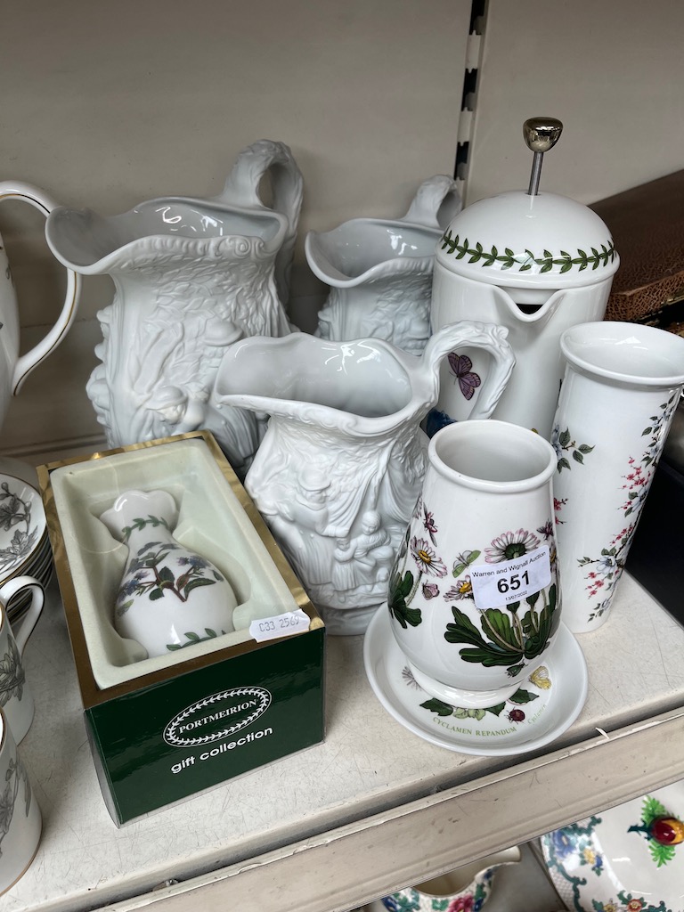 Portmeirion - set of 3 graduated parian jugs and 5 other items including cafetiere