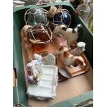 A box of mixed items to include Royal Doulton spaniel, 2 other dog figures, glass floats, silver