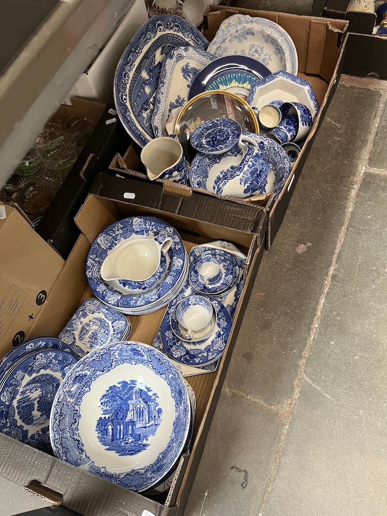 Two boxes of mainly blue and white pottery inc. Woods Ware and Abbey