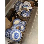 Two boxes of mainly blue and white pottery inc. Woods Ware and Abbey