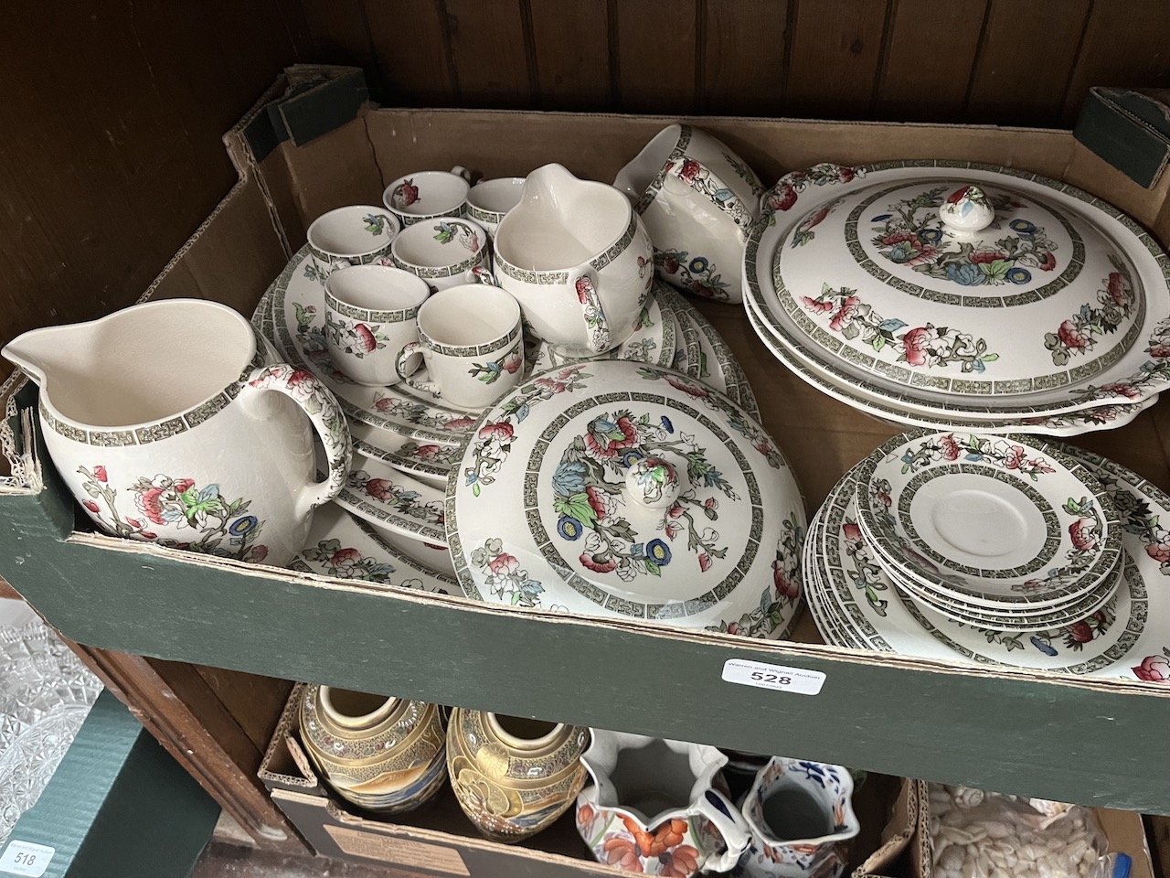 Box of Johnson Bros. Indian Tree pottery