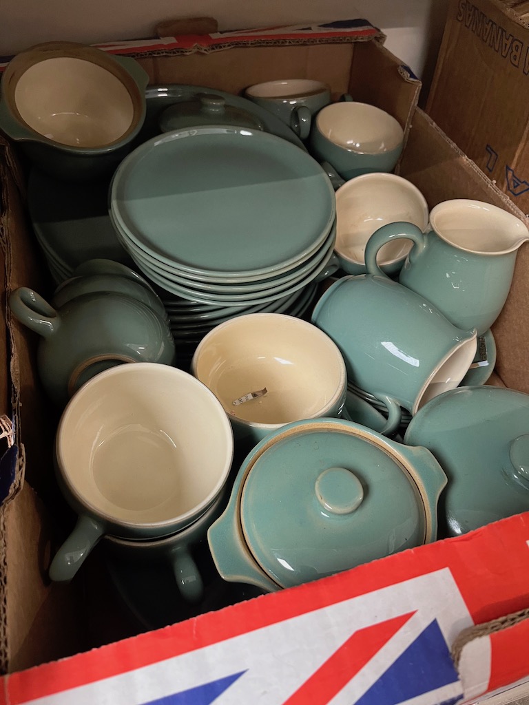 Box of green Denby pottery