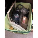 A basket of silver plated items, etc and a P&O cruise bag.