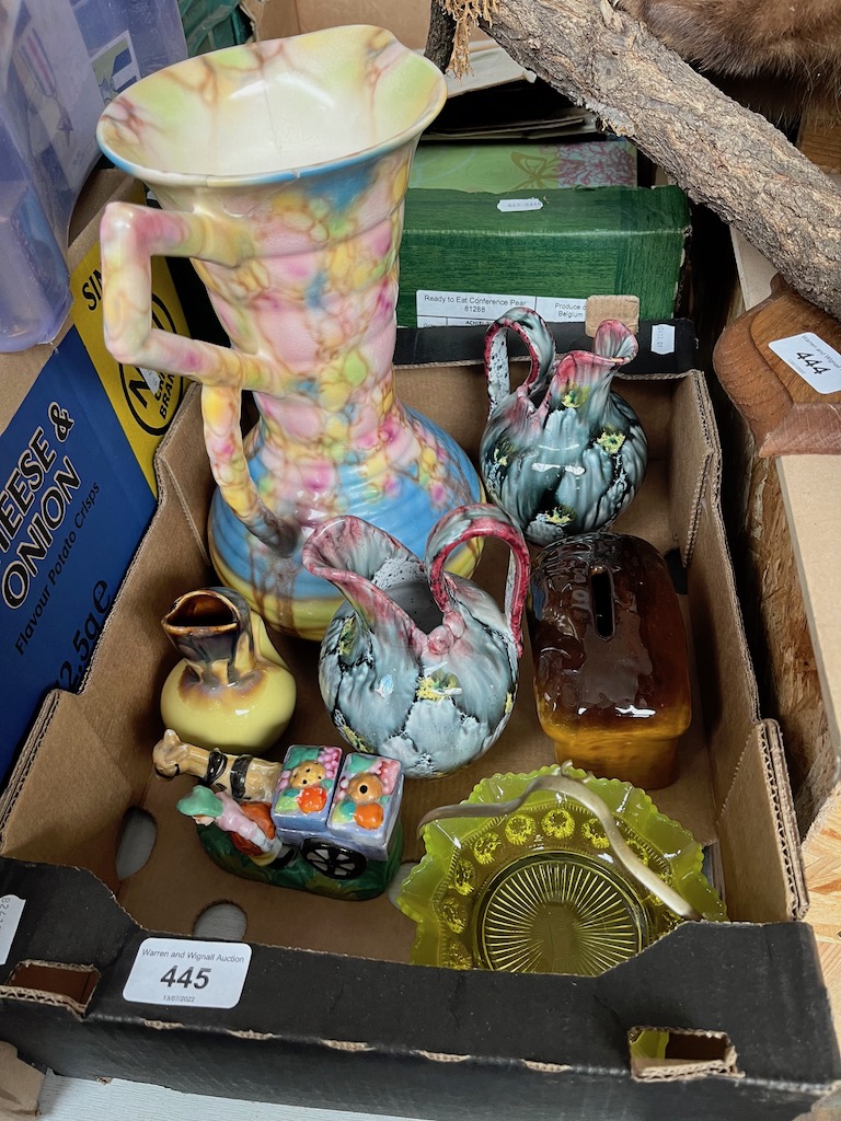 A box of ceramics including jugs etc.