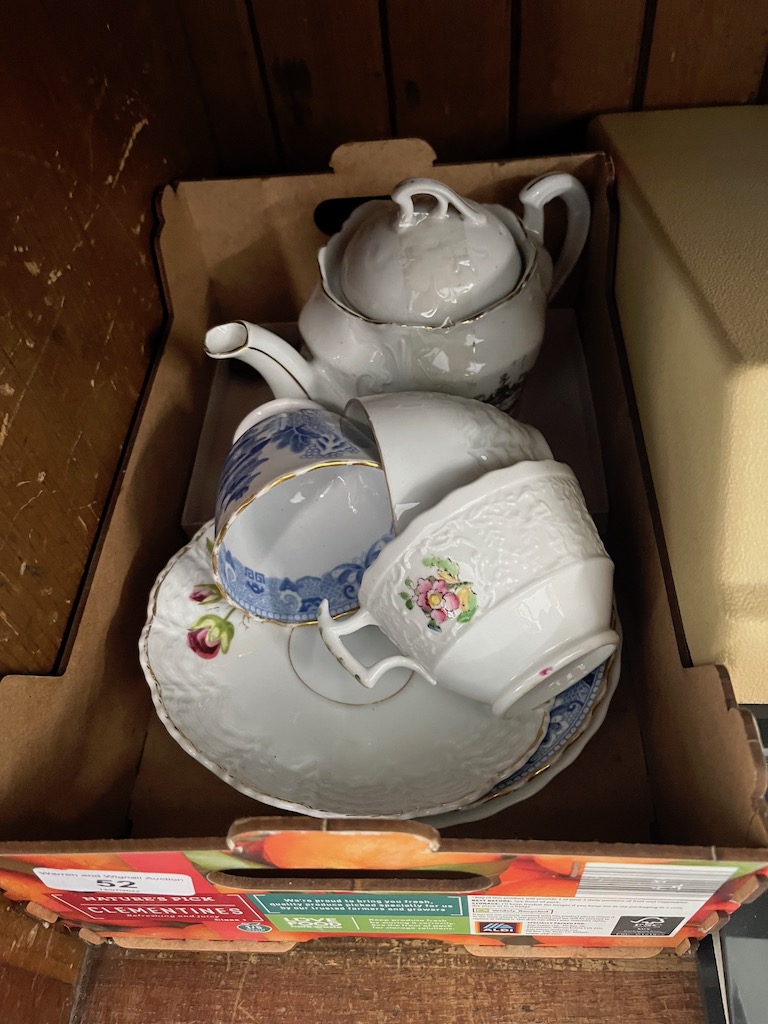 3 old cups and saucers, 2 flowered & 1 willow pattern, 1 teapot with Southport crest.