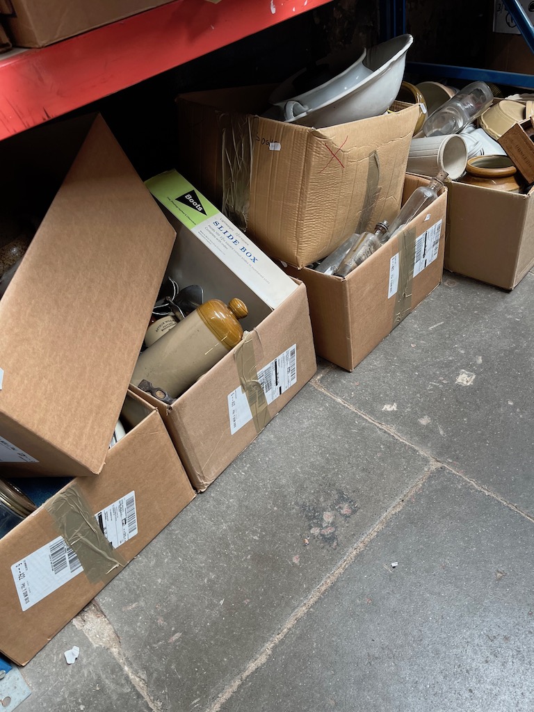 7 boxes of household pottery etc including stoneware storage jars, small amount of Royal Albert