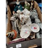A box of ornaments including two Royal Doulton figures, Royal Albert Old Country Roses dog figure, a