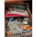 A box of collectables to include bottles, tins, hip flasks and flags etc.