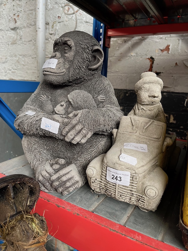 2 concrete garden ornaments - Gorilla with baby and Mr Toad in a car