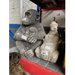 2 concrete garden ornaments - Gorilla with baby and Mr Toad in a car