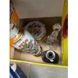 A box of mixed pottery, signed iridescent glass vase, 2 pieces of Bohemian pottery, a vase, a