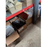 4 boxes of misc including table lamps, heater, hot plate, a monitor, headphones, electricals, a