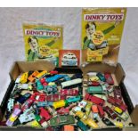 A box of mostly playworn diecast vehicles to include 2 x Dinky Toys Deagostini magazines with