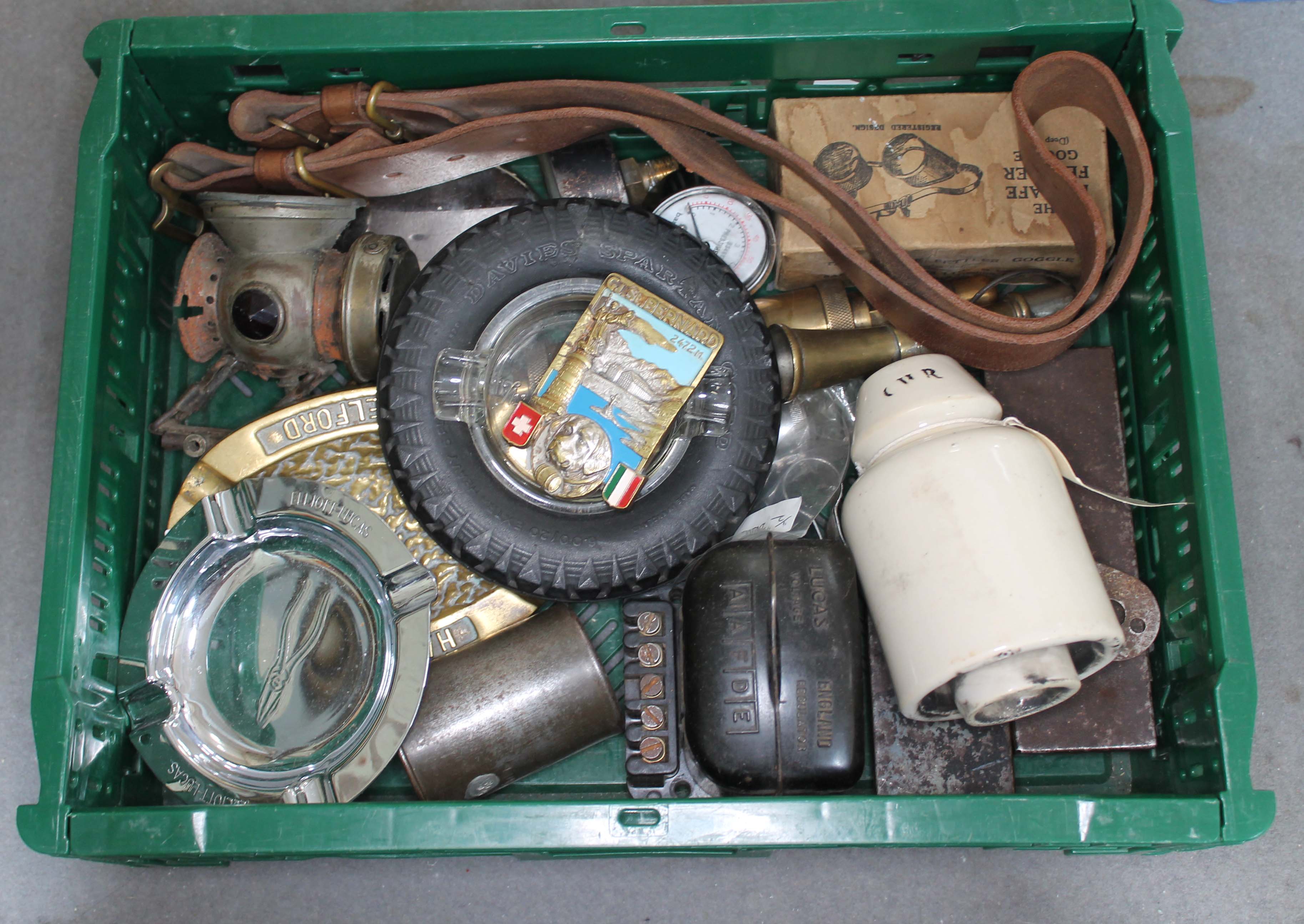 A box of assorted collectables including GWR, ash trays, lamp etc.