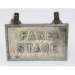 A Blackpool Corporation Transport cast alloy double sided bus stop sign "FARE STAGE" with hanging