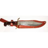 An American Coleman Western Bowie knife with leather scabbard and outer box, circa 1980s.