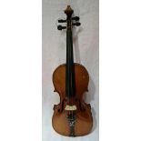 An antique violin, two piece back length 356mm, with bow and hard case.