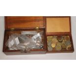 Two wooden boxes of UK and World coins including Farthings, silver three pence coins, Shillings,