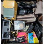 A box of photographic equipment to include a Sankyo 8-cm cine cam, a Hauck TU 20 enlarger timer, a