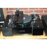 A Jean & Francois Le Tallec turntable with three tone arm boards containing a Fidelity Research FR-