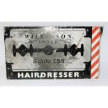 A double sided metal sign "WILKINSON SWORD STAINLESS HAIRDRESSER" 56cm x 32cm.
