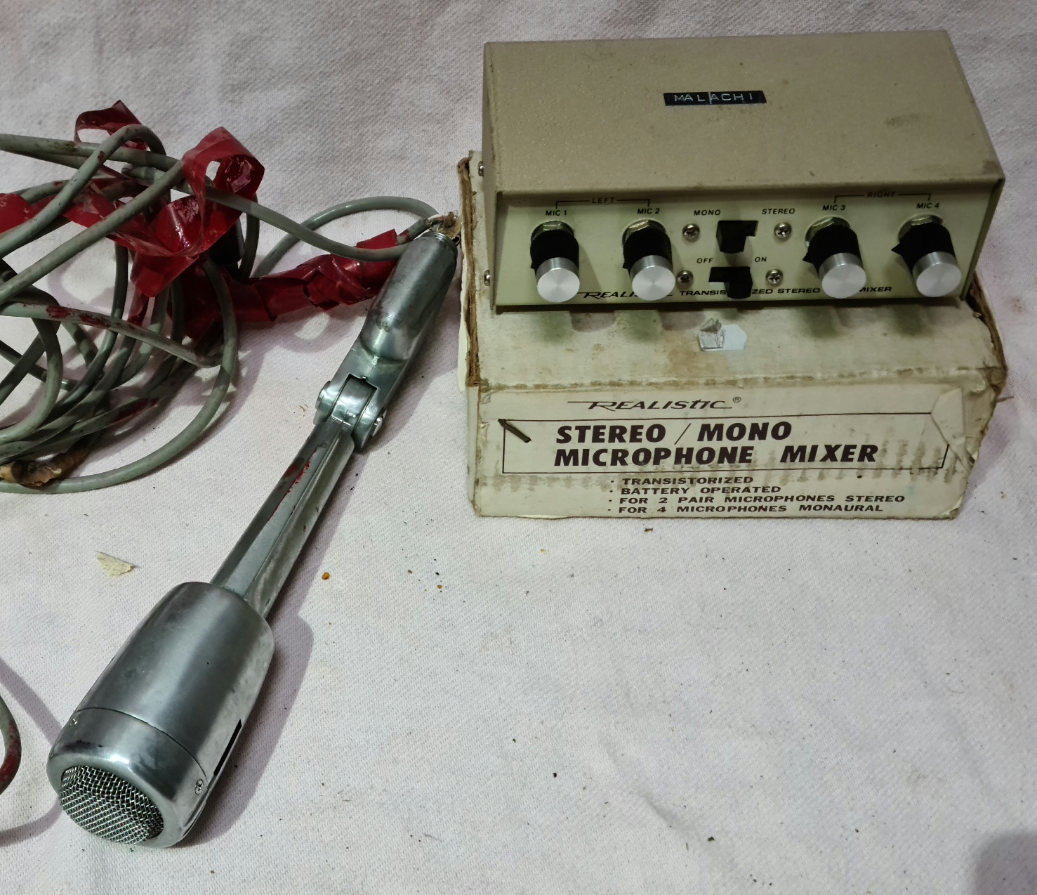 A Realistic microphone mixer (33-920) & a vintage Calrad (DM-17) microphone