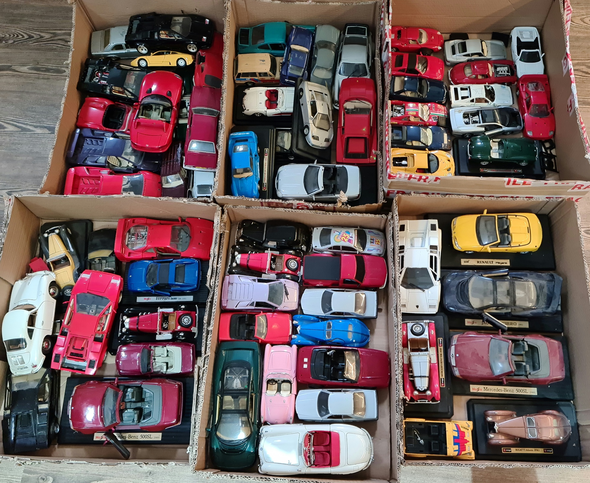 6 boxes of model cars (1:24 & 1:18) to include Maisto, Tonka & Burago etc.