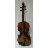 An antique violin, two piece back length 362mm, with wooden case.
