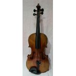 An antique violin, two piece back length 356mm, with hard case.