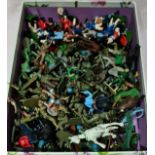 A box of vintage plastic figures to include Britains & military etc.
