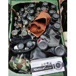 A box of approx. 23 binoculars, a monocular and 2 cameras to include a Kodak Brownie Flash III, Mark
