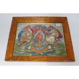 Trophy of Arms embroidery, 41.5cm x 31.5cm, bird's eye maple frame 52cm x 42.5cm.