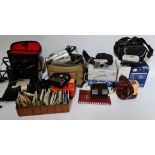 A box of cameras & binoculars to include a view master, Sony cybershot, Sony handycam and a