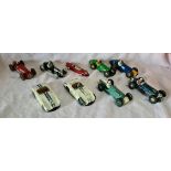 Dinky Toys, A group of 9 play worn racing cars to include 230 Talbot Lago, 235 H.W.M, 234 Ferrari,