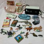A box of collectables to include a retro Braun alarm clock, Dinky Toys 105 maximum security