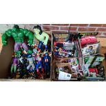 2 boxes of collectable toys to include Hulk, stretch Frankensteins monster, Spiderman, Venom,