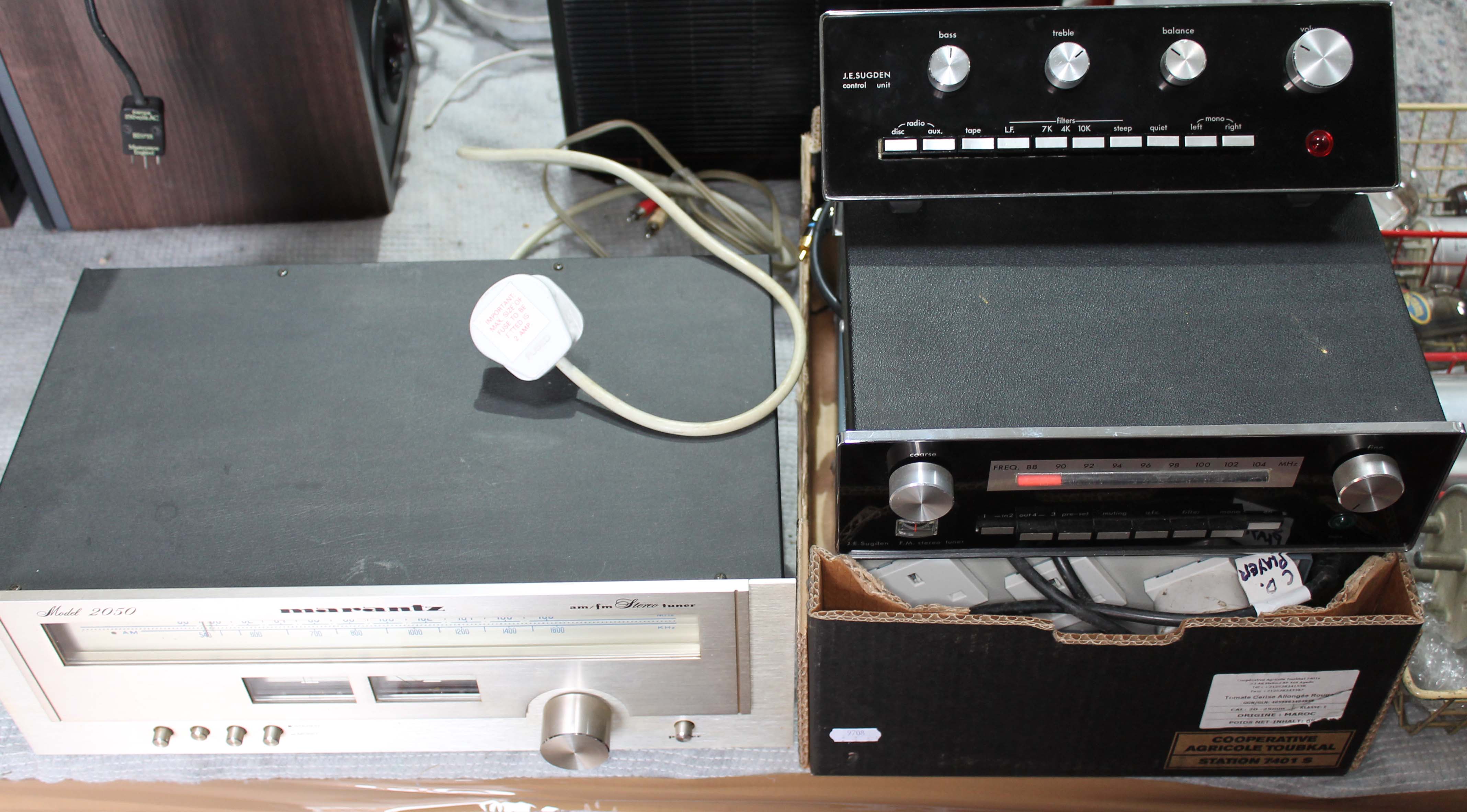 Four boxes of assorted HiFi and spares including valves, Sugden control unit and tuner, a Marantz