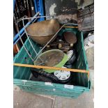 A box of metalware including a billiard table iron - J Platt & Co, potatoes scale with brass tray,